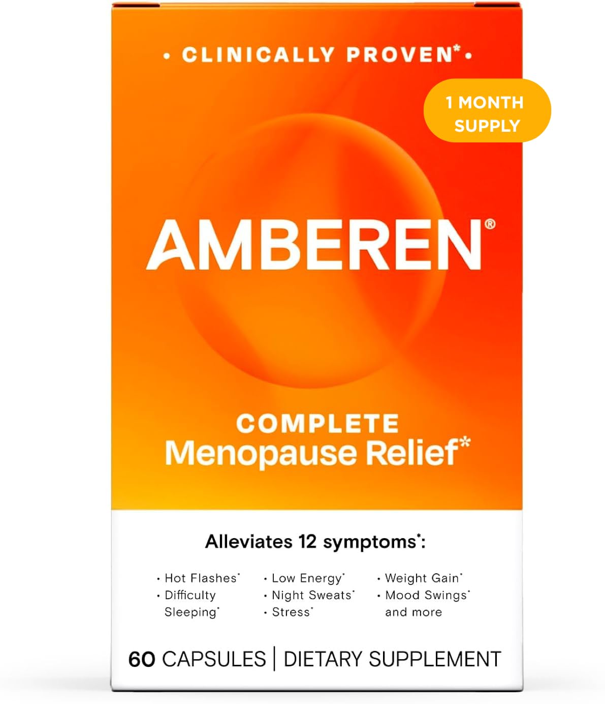 Amberen Menopause Supplement for Women, 60 Capsules, Clinically Proven, Helps Support Hormone Balance, Helps Relieve 12 Menopause Symptoms: Hot Flashes, Night Sweats, Mood Swings and More AmberenAu supplements