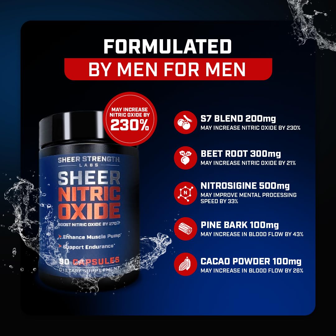 Sheer Strength Labs Nitric Oxide Supplement for Men - Clinically Tested for Pumps & Blood Flow - 270% More Nitric Oxide - Nitrosigine Supplement, S7 & Beetroot - Made in USA - 90 Capsules Sheer Strength LabsAu supplements