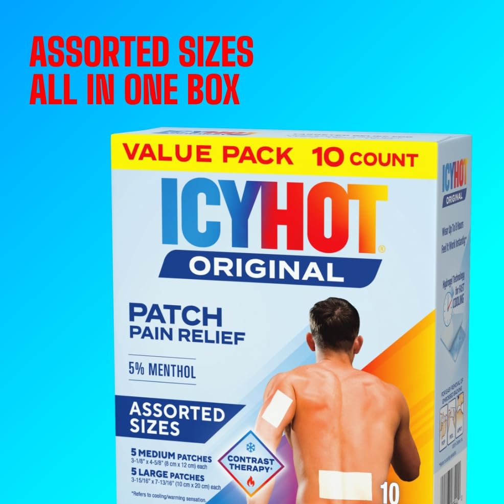 Icy Hot Original Pain Relief Patch Variety Pack with 5% Cooling Menthol for Fast-Acting Muscle and Joint Pain Relief, 5 Medium and 5 Large Comfortable Fabric Patches, 10 Ct., 2 pk Icy HotAu supplements