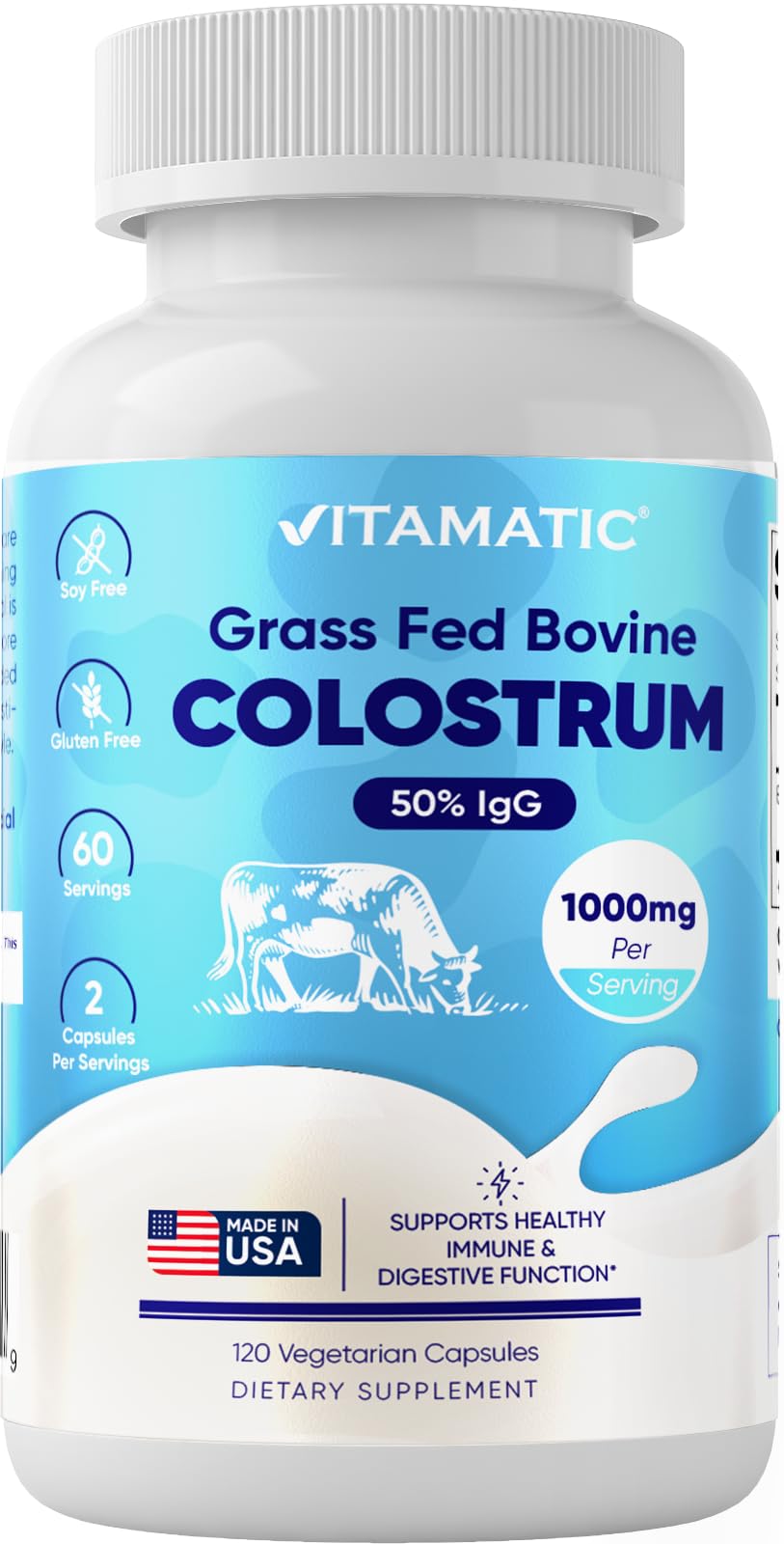 Vitamatic Bovine Colostrum Supplement 1000 mg per Serving - 50% Highest IgG - Supplement for Gut Health, Hair Growth, Beauty, Muscle Recovery, & Immune Support - 120 Capsules VitamaticAu supplements