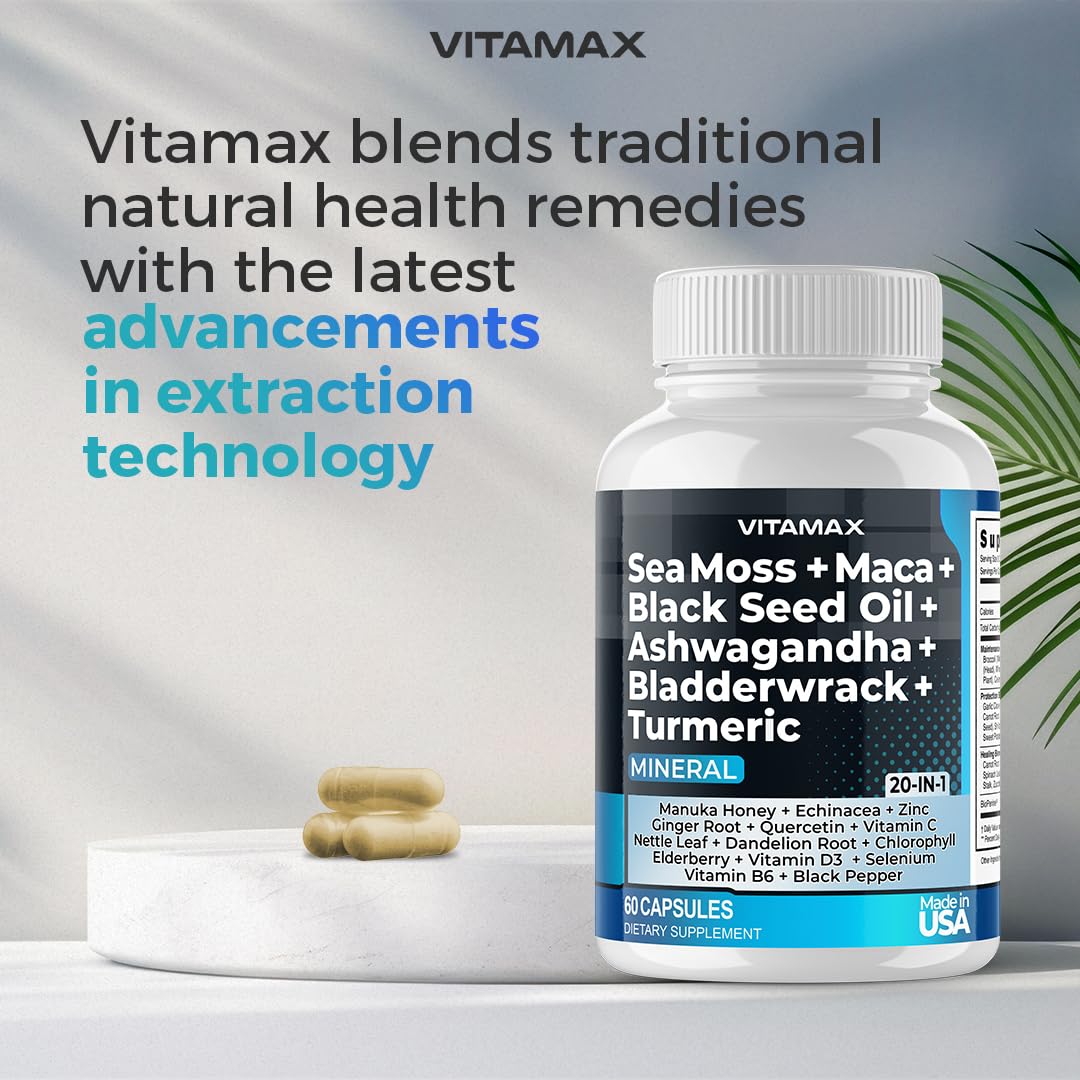 Sea Moss, Maca, Black Seed Oil, Ashwagandha, Bladderwrack, Turmeric VitamaxUS supplements