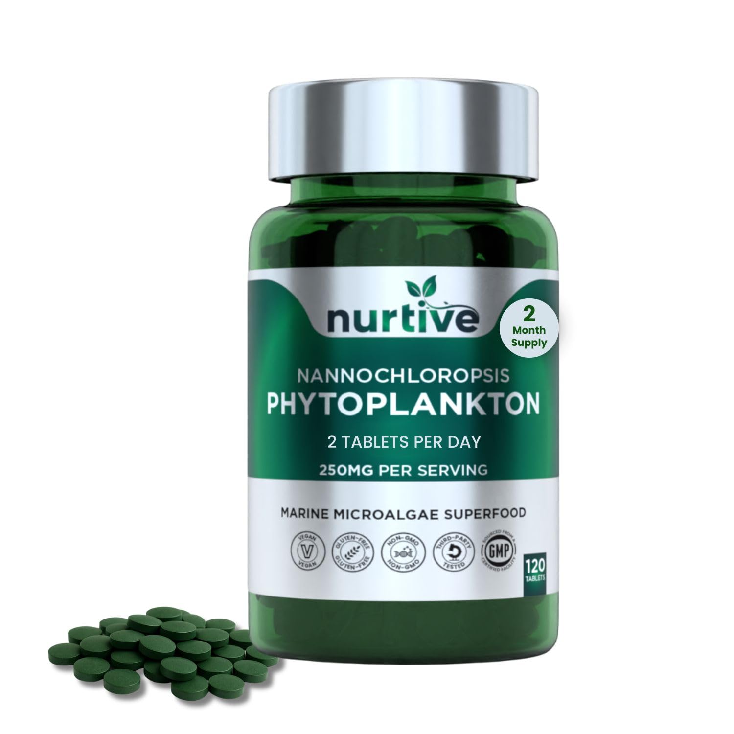 NURTIVE Nannochloropsis Phytoplankton Tablets – 250mg per Serving – Vegan, Gluten-Free, Non-GMO, No Fillers – Third-Party Tested, GMP Certified – 2 Tablets/Day for 2 Month, 120 Tablets/Bottle NURTIVEAu supplements