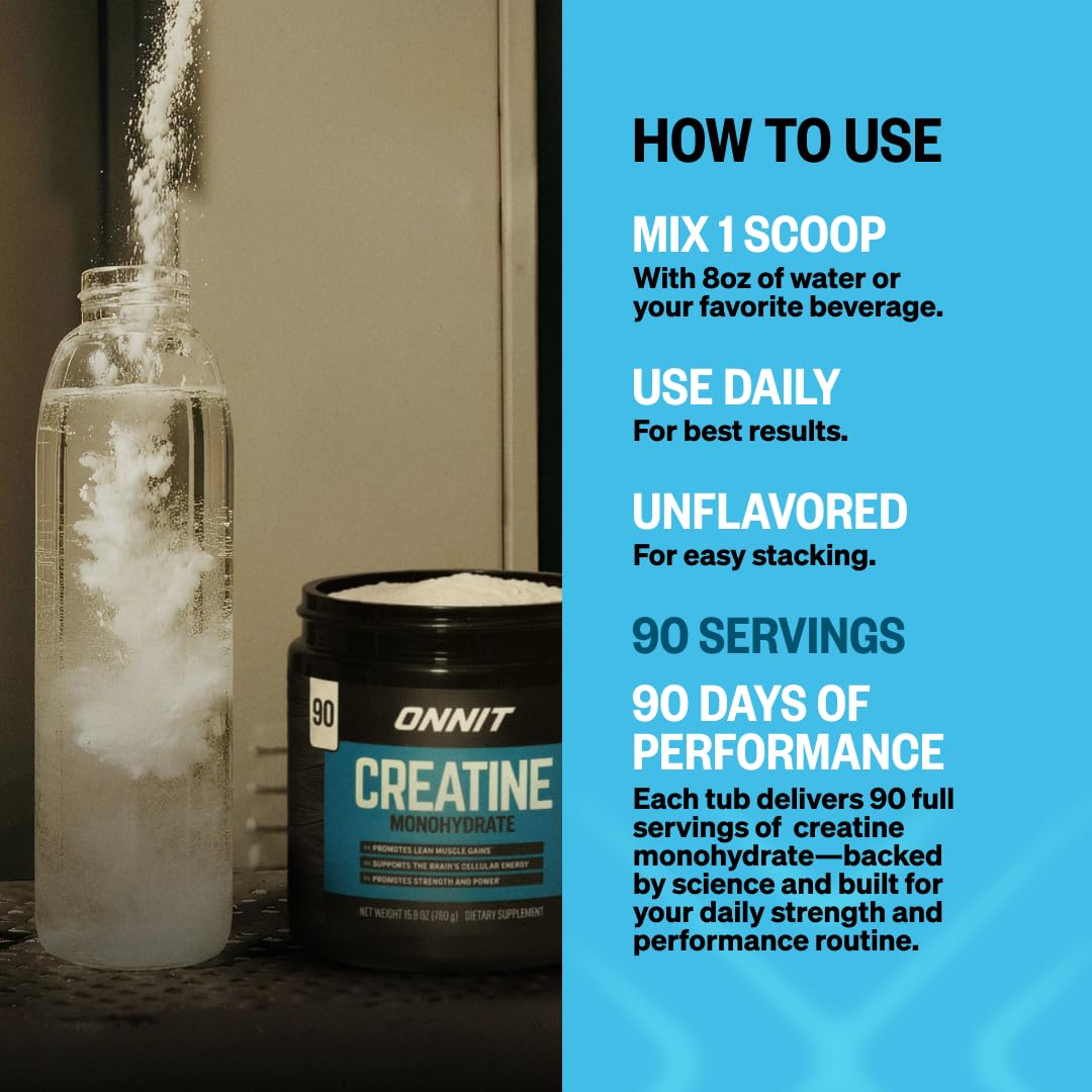 ONNIT Creatine Monohydrate Powder – Unflavored, 90-Serving Value Size – Supports Strength, Lean Muscle, and Brain Energy† – Keto Friendly, No Fillers, 90 Servings, 15.29 oz ONNITAu supplements