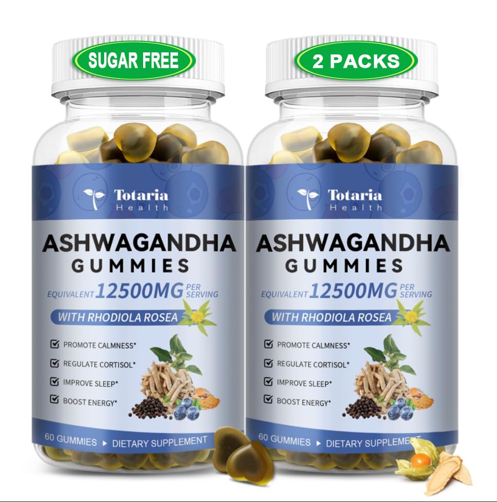 (2 Packs) Sugar Free Ashwagandha Filled Gummies w/Vitamin D3, Magnesium Glycinate, Rhodiola, Ultra Strength Ashwa Root Supplements for Women & Wen, for Relaxation, Energy, Cortisol Gummies TotariaAu supplements