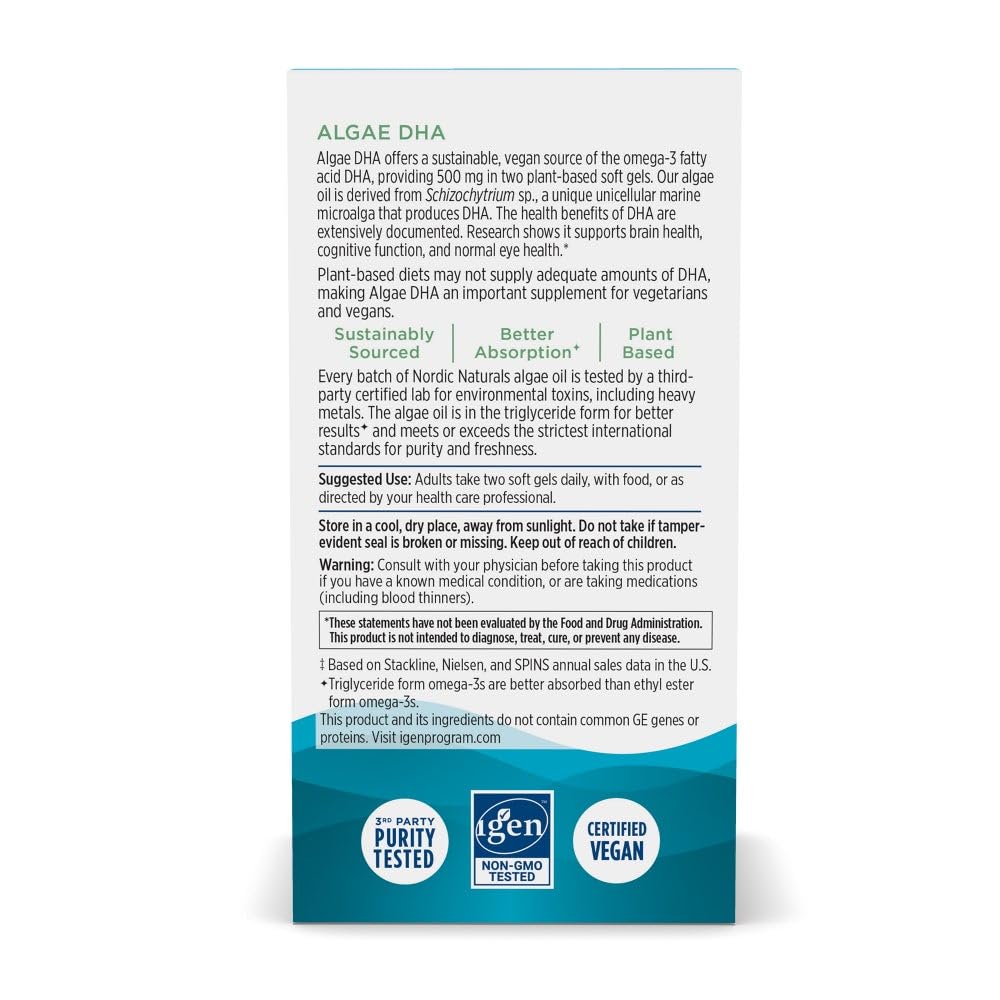 Nordic Naturals Algae DHA - 60 Soft Gels - 500 mg Omega-3 DHA - Certified Vegan Algae Oil - Plant-Based DHA - Brain, Eye & Nervous System Support - Non-GMO - 30 Servings Nordic NaturalsAu supplements