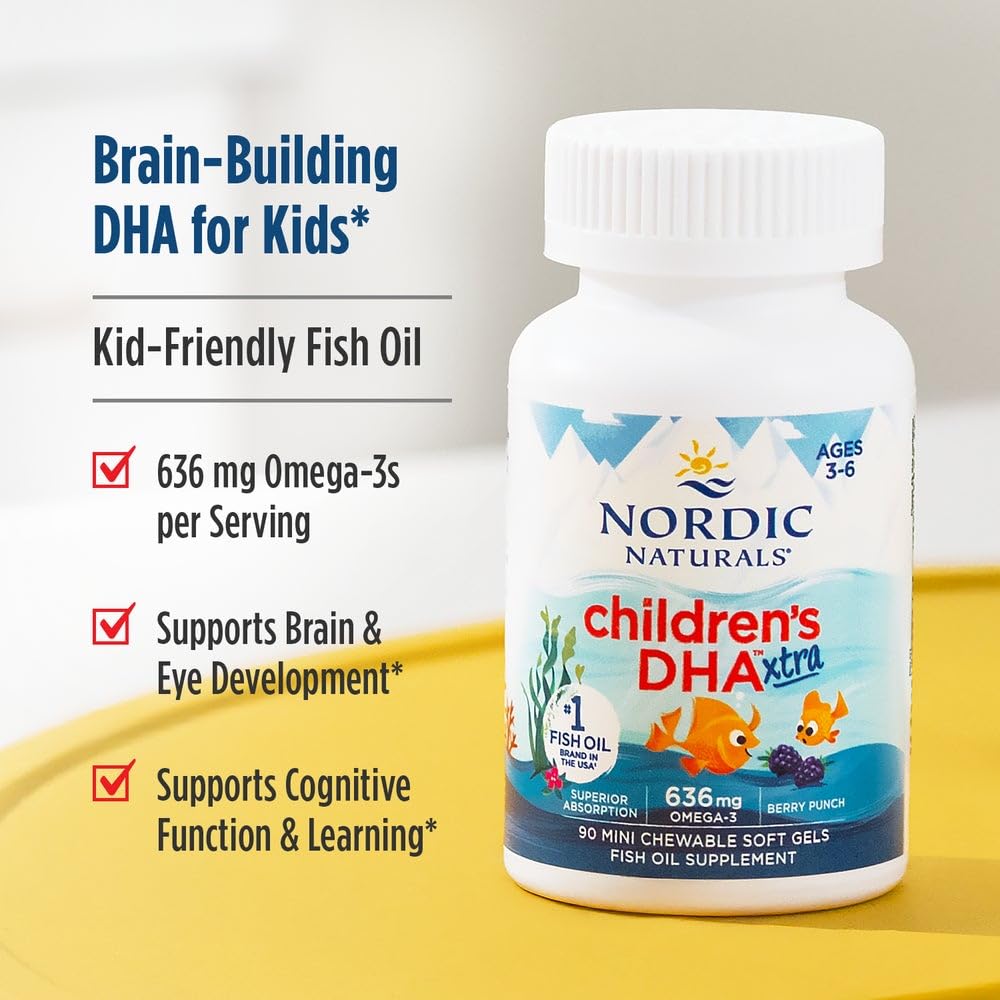 Nordic Naturals Children’s DHA Xtra, Berry Punch - 90 Mini Chewable Soft Gels for Kids - 636 mg Omega-3s EPA & DHA - Cognitive & Immune Function, Learning, Social Development - Non-GMO - 30 Servings Nordic NaturalsAu supplements