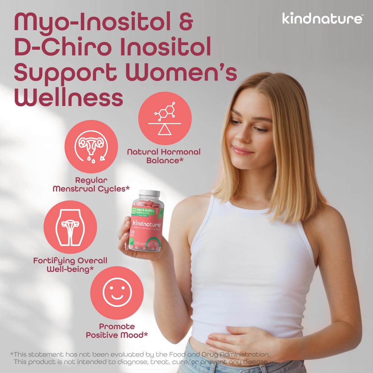 kindnature Myo-Inositol & D-Chiro Inositol Gummies for Women – 2000mg + 50mg, Ideal 40:1 Ratio – with Vitamin D & Folate – Hormone Balance Support – Vegan, Watermelon Flavor (120 Gummies) kindnatureAu supplements