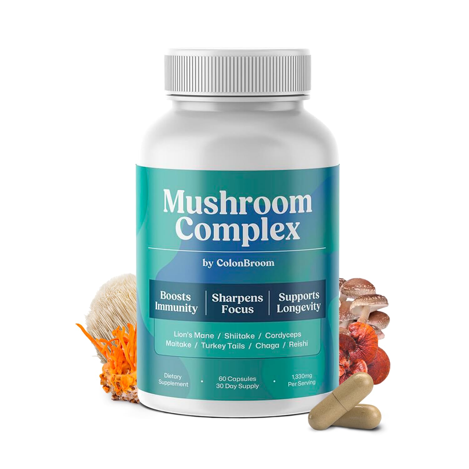 ColonBroom Mushroom Complex, Powerful Mushroom Blend with Cordyceps, Reishi, Shiitake, Lion’s Mane Extract for Energy, Immunity, Stress Relief & Cognitive Health - 60 Capsules, 30 Day Supply ColonBroomAu supplements