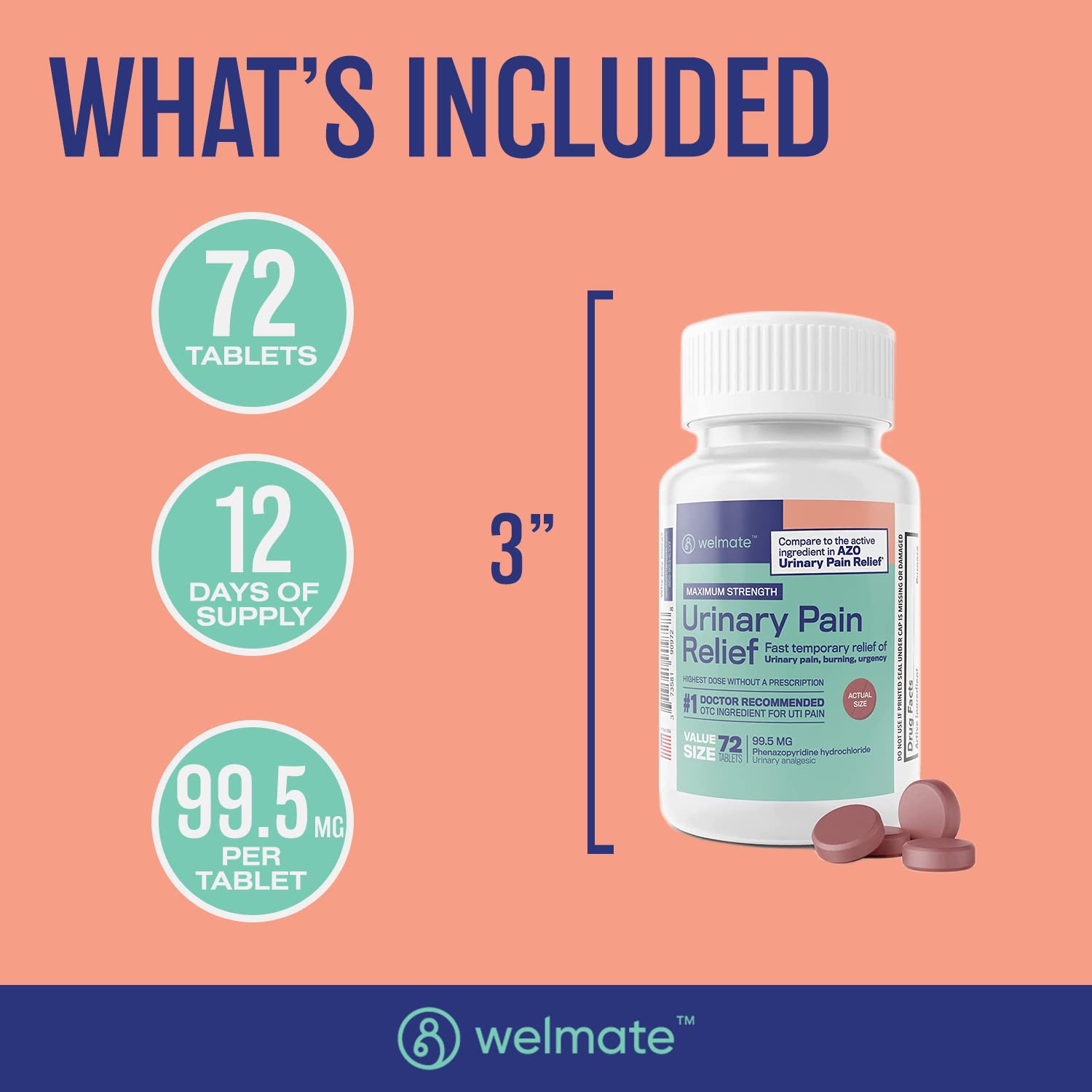 WELMATE Urinary Pain UTI Relief Maximum Strength (Phenazopyridine HCL) - Improve Urinary Tract Health & Bladder Control, Urgency, & Discomfort | Over-The-Counter Medication for Men & Women (72 Pills) WELMATEAu supplements