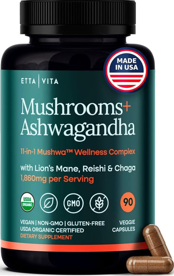 USDA Organic Lions Mane Supplement Capsules with Ashwagandha, Chaga, Reishi, Cordyceps, Turkey Tail (18,600mg/serv) 10x Adaptogenic Mushroom Complex as Focus Supplement - Energy, Immunity & Nootropic Etta VitaAu supplements