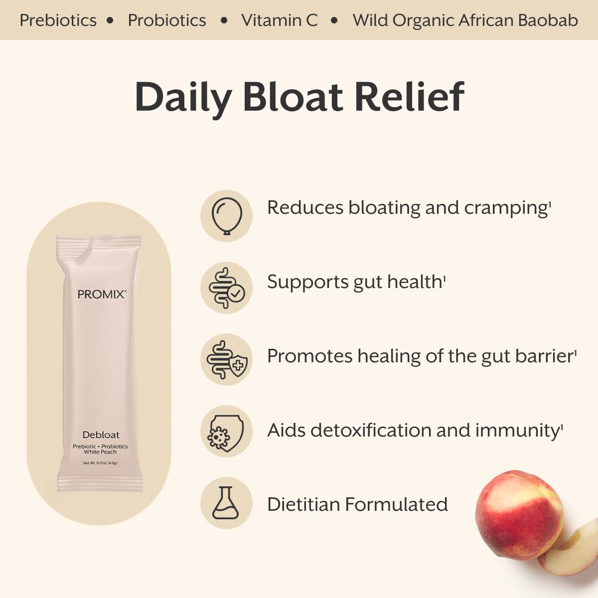 ProMix Nutrition Debloat Prebiotics and Probiotics, Bloating Relief for Women, Gut Cleanse Detox for Men and Immune Support - White Peach - 30 Servings (Pack of 30) ProMix NutritionAu supplements