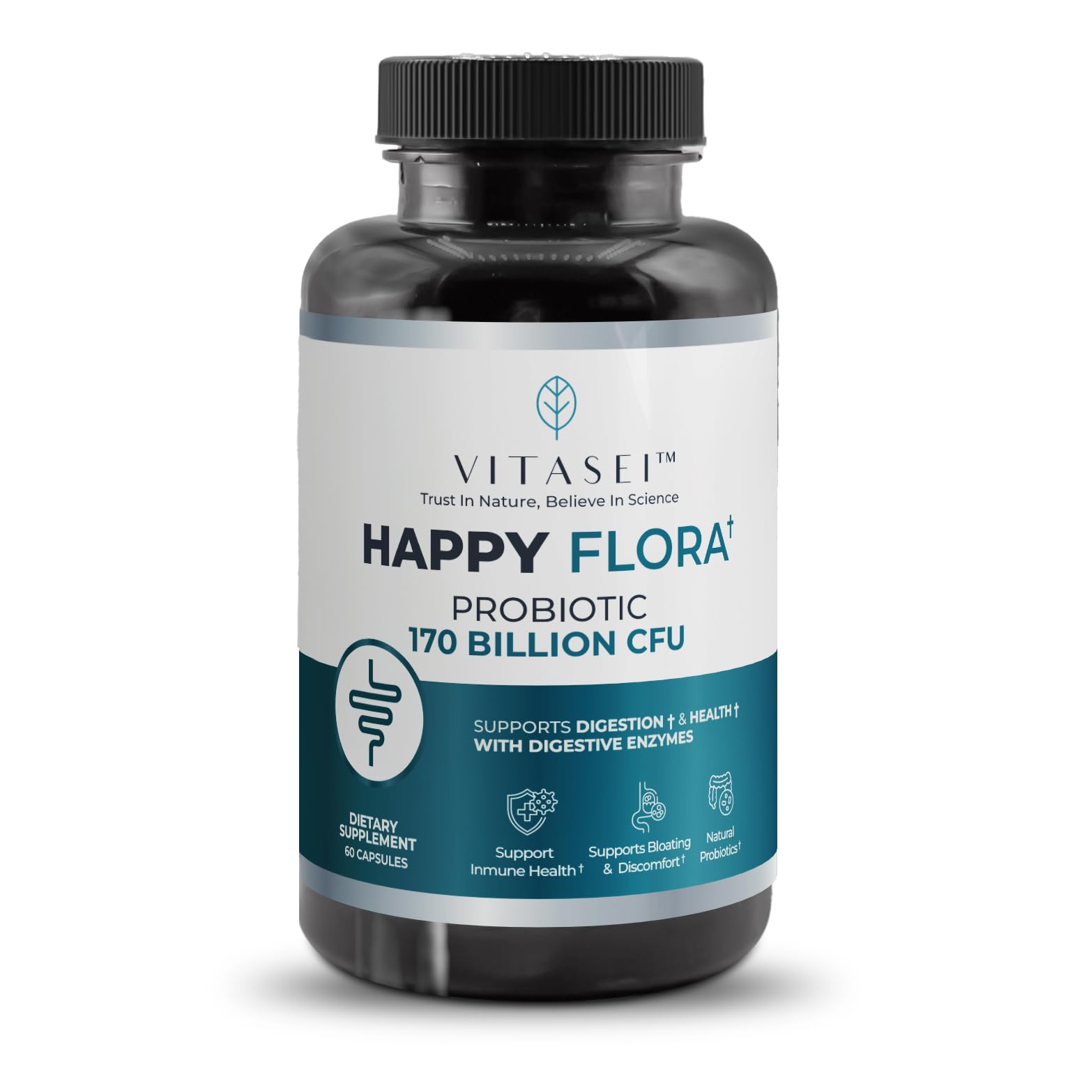 VITASEI Happy Flora, Probiotic Supplement 170 Billion CFU for a Healthy Gut Health with enzymes for Digestion, probiotics for Women and Men, 1 Bottle - 60 Capsules VITASEIAu supplements