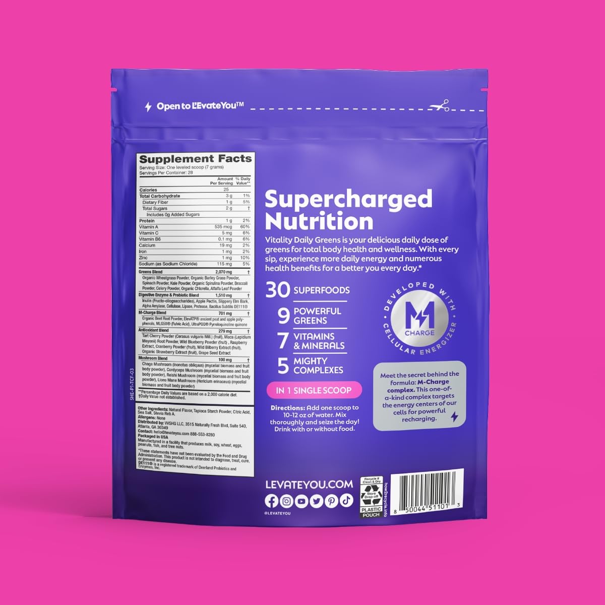 L'Evate You Vitality Daily Greens Powder (28 Servings) 30 Superfoods, 9 Greens - for a Cellular Energy Boost, Powered by M-Charge Complex for All Day Energy (Tart Cherry) Steve Harvey's L'Evate YouAu supplements