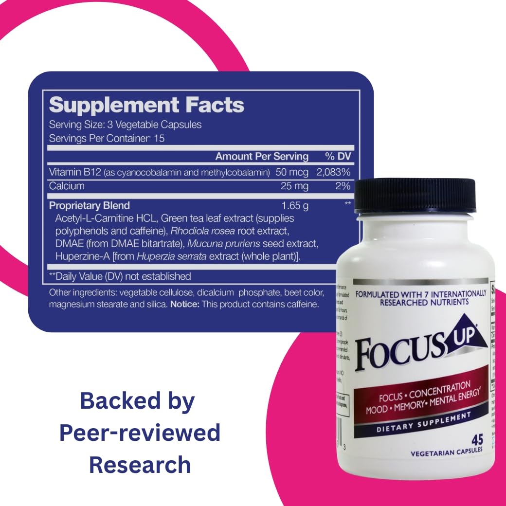 FocusUP Brain & Energy Support Supplement – Natural Nootropic Capsules with Acetyl L-Carnitine, Rhodiola, DMAE & Huperzine-A | Supports Focus, Memory, Mood & Mental Clarity | 45 Sugar-Free Capsules XoomaAu supplements