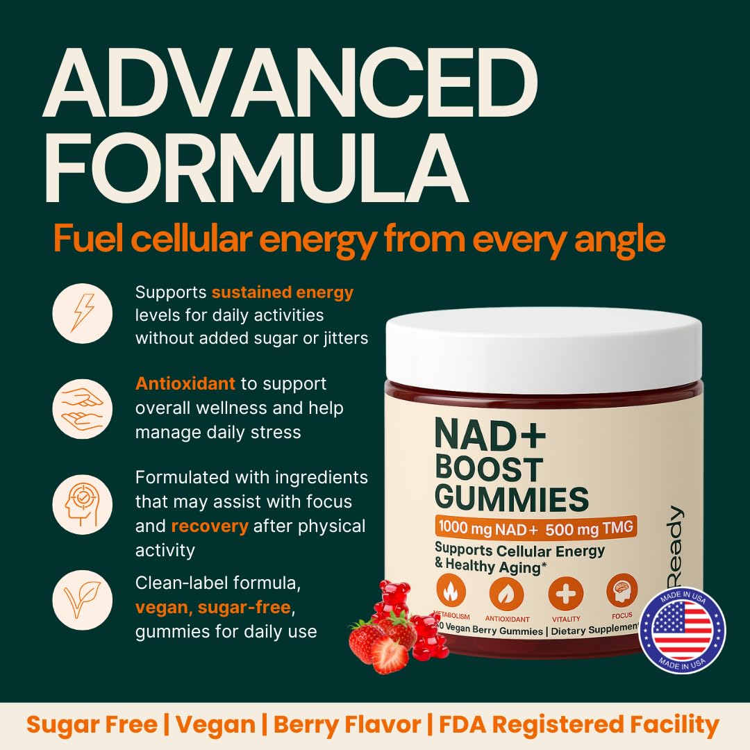 b.Ready NAD+ Gummies, Premium 1000 mg NAD Supplement with 500 mg TMG, Grape Seed & Black Pepper Extract – NAD+ for Healthy Aging, Cellular Energy & Antioxidant Support, Vegan, Sugar-Free, 60 Count b.ReadyAu supplements