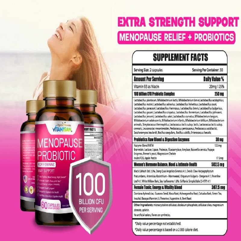 Menopause Support for Women – Hormone-Free Prebiotics & Probiotics 100 Billion CFU with Black Cohosh & Ashwagandha | Feminine Care, pH Balance, Vaginal Health, Hot Flashes, Night Sweats & Mood Swings VITAMISANAu supplements