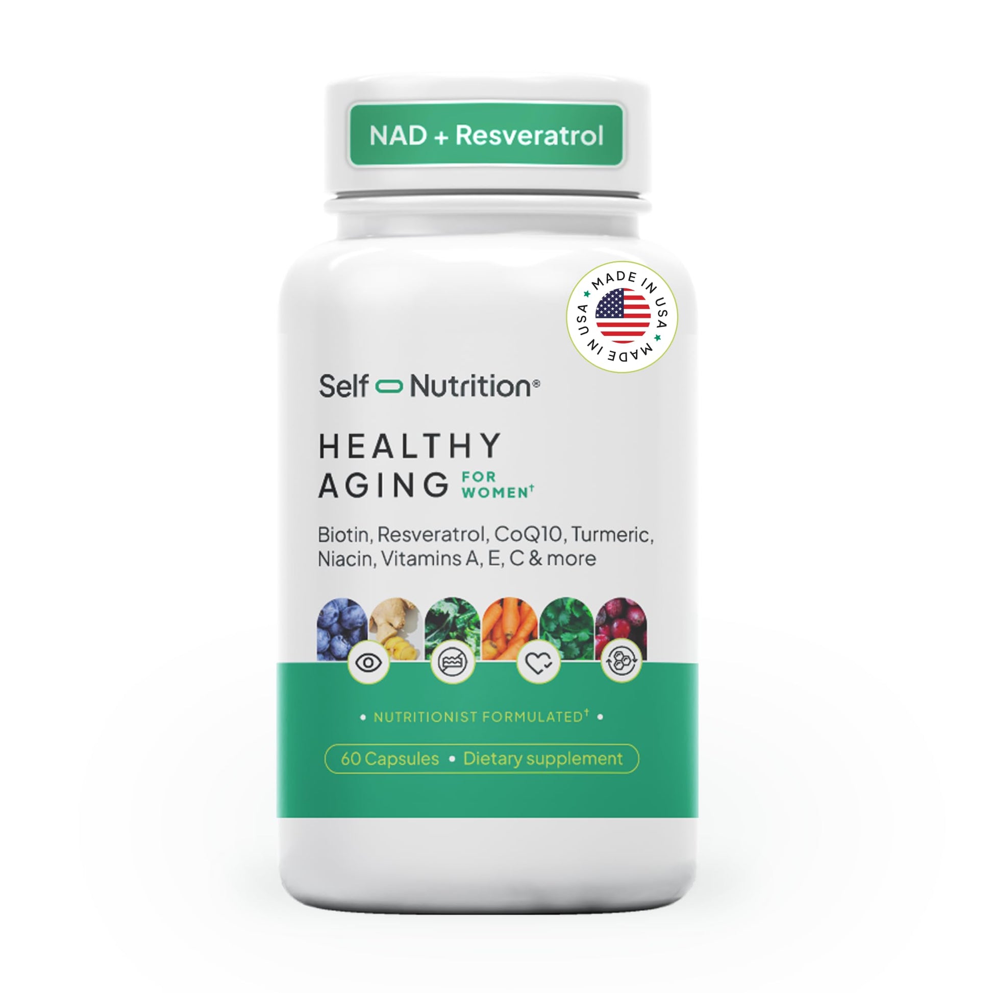 SELF NUTRITION NAD+ Resveratrol Supplement for Women – Healthy Aging Formula with CoQ10, Biotin, Turmeric & Vitamins A, C, E – Supports Energy, Skin & Longevity – 60 Capsules. Made in USA. SELF NUTRITIONAu supplements