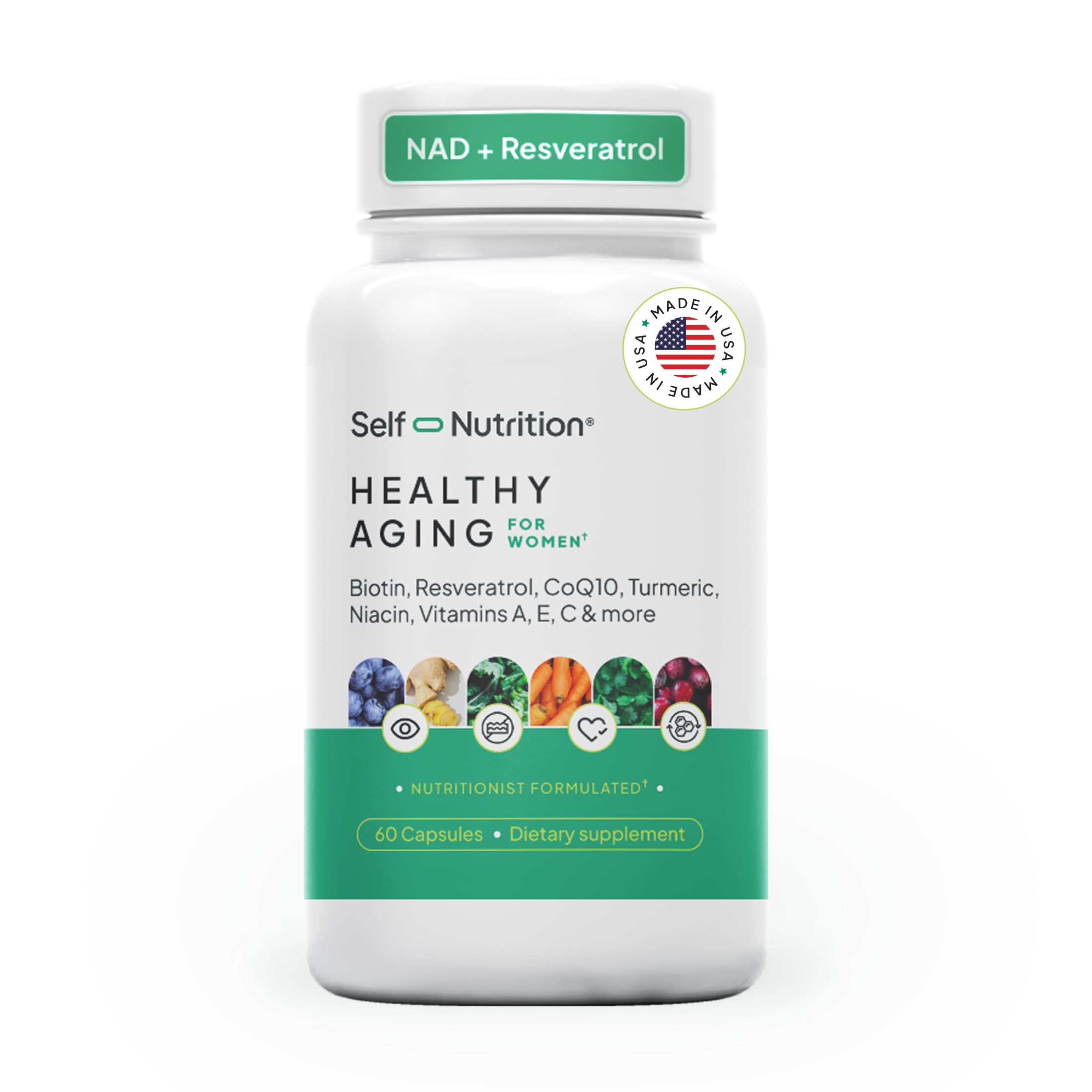 SELF NUTRITION NAD+ Resveratrol Supplement for Women – Healthy Aging Formula with CoQ10, Biotin, Turmeric & Vitamins A, C, E – Supports Energy, Skin & Longevity – 60 Capsules. Made in USA. SELF NUTRITIONAu supplements