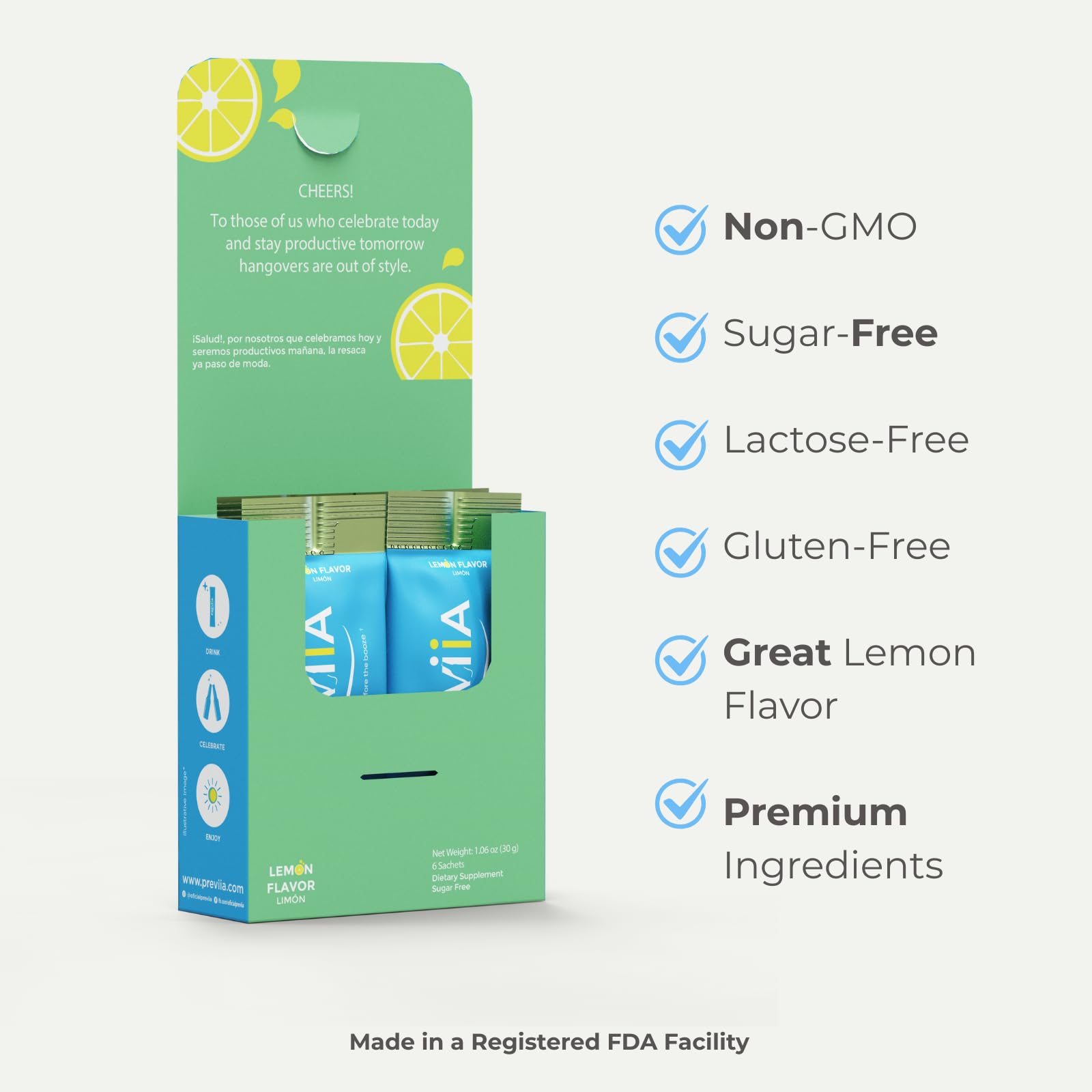 Previia – Pre-Drink Supplement | Nutrients Before Social Drinking | Cysteine, Choline, B-Complex, Magnesium, VIT C | Lemon Flavor | Soluble Drink | 6 Doses | Feel Better After Drinking PreviiaAu supplements