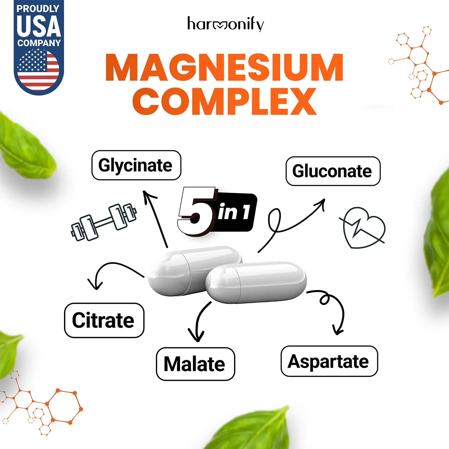 HARMONIFY Magnesium Glycinate Citrate Malate Aspartate Gluconate, 5 in 1 Formula, 120 Purified Veggie Capsule, 1000 mg, Gluten Free, Non-GMO, 60 Days Serving HARMONIFYnz supplements