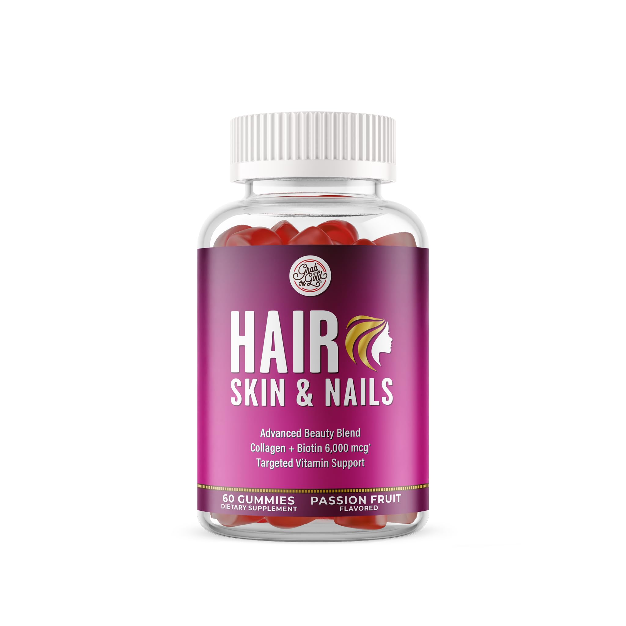 Grab The Gold Hair Skin & Nails Vitamins for Women | Gummies with 6000mcg Biotin & Collagen | 10 Essential Vitamin & Minerals | Gluten-Free, Non-GMO, Passion Fruit Flavor | 1 Month Supply, Made in USA Grab The GoldAu supplements