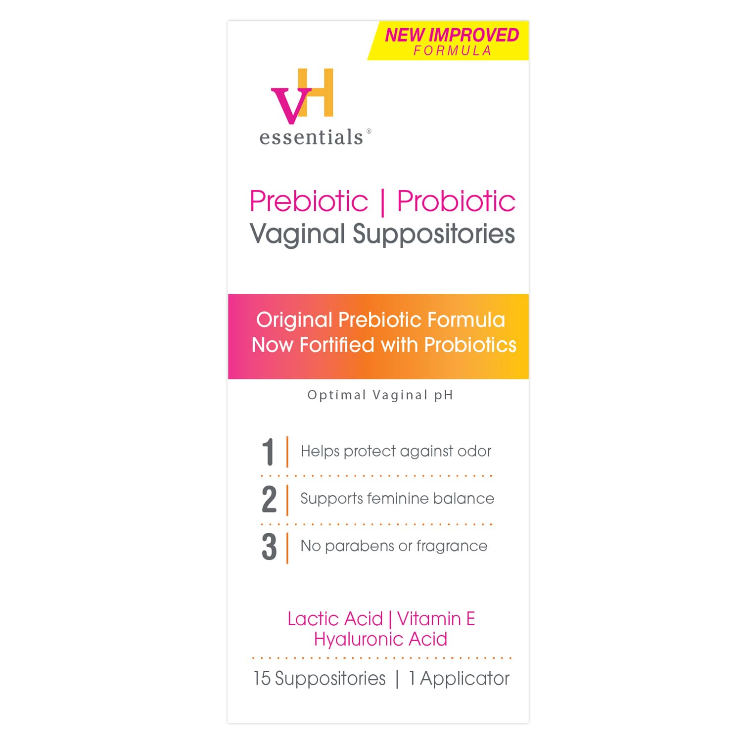 vH essentials Prebiotic PH Balanced Vaginal SuppositoriesBox, Original Version, 15 Count vH essentialsAu supplements