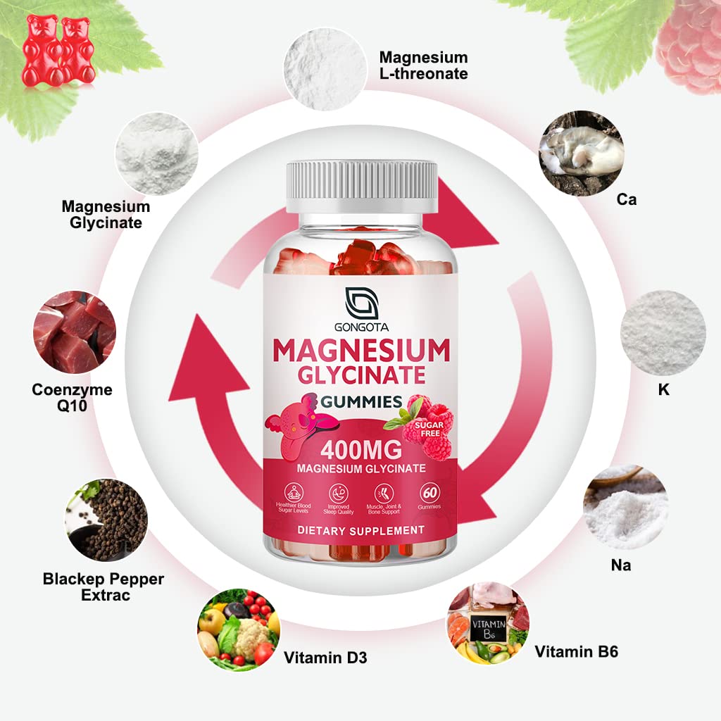 Magnesium Glycinate Gummies 400 mg with 100 mg Composite magnesium - Chelated Magnesium Potassium Supplement with Vitamin D, B6 Supports Calm, Sleep, Memory & Muscle Cramps,Sugar Free - 120 Gummies GONGOTAAu supplements