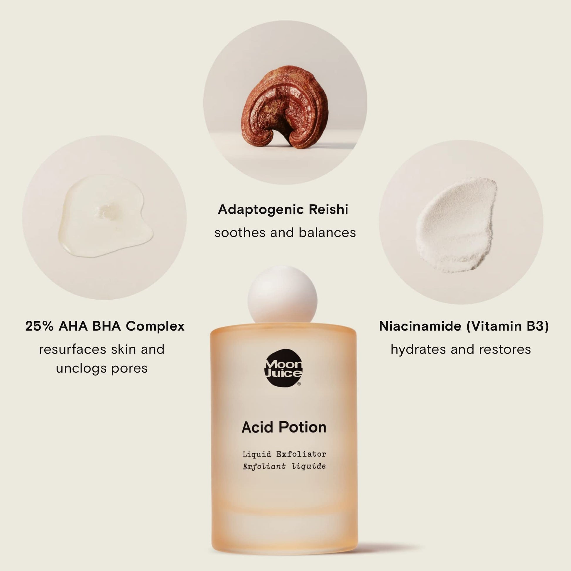 Moon Juice Acid Potion Liquid Face Exfoliator - 25% AHA BHA Exfoliant with Reishi + Niacinamide - Helps Resurface Skin, Unclog Pores, & Stimulate Collagen - Hydrates & Soothes Skin (3.3 Fl oz) Moon JuiceUS supplements