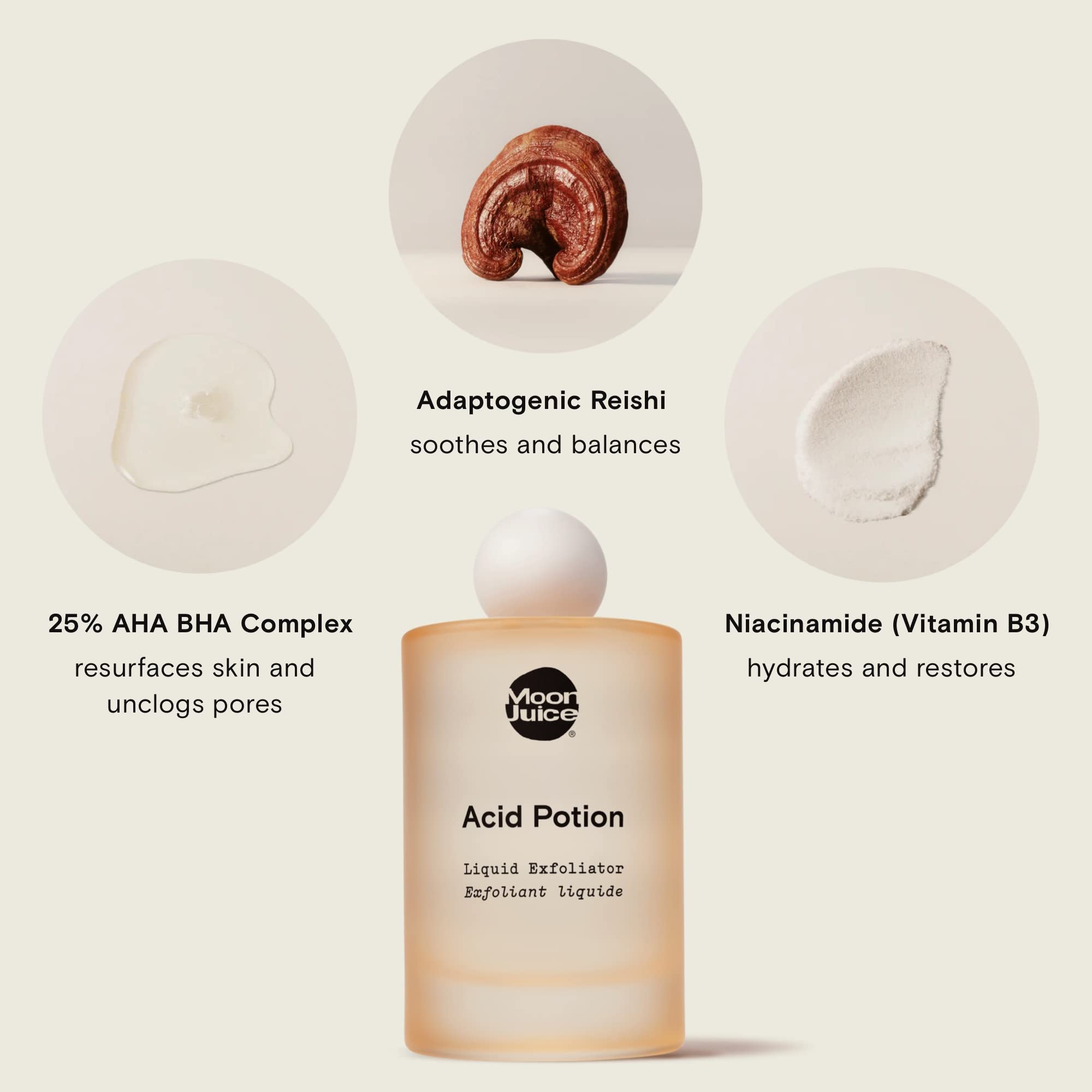 Moon Juice Acid Potion Liquid Face Exfoliator - 25% AHA BHA Exfoliant with Reishi + Niacinamide - Helps Resurface Skin, Unclog Pores, & Stimulate Collagen - Hydrates & Soothes Skin (3.3 Fl oz) Moon JuiceUS supplements