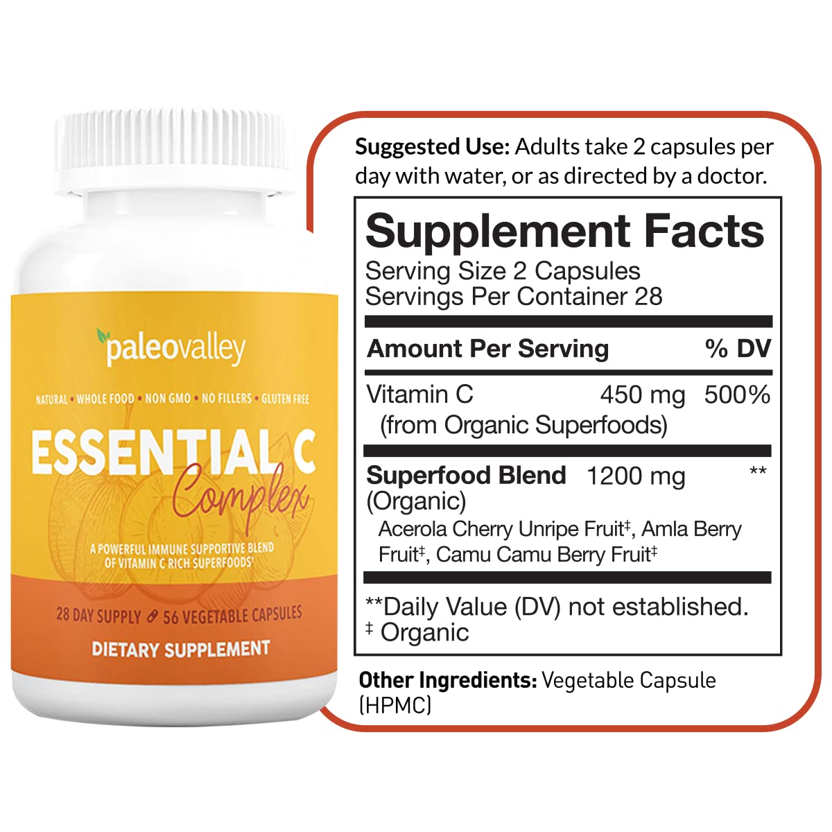 Paleovalley Essential C Complex - Vitamin C Supplement for Immune Support - 1 Pack, 450mg - Organic Superfoods Unripe Acerola Cherry, Camu Camu, Amla Berry PaleovalleyUS supplements