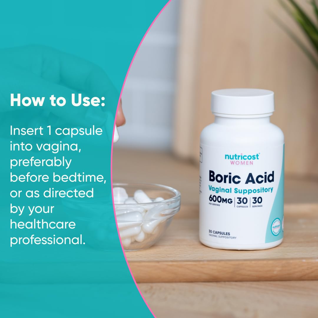 Nutricost Boric Acid 600mg, 30 Capsules - Vaginal Suppository - Non-GMO - for Women NutricostUS supplements