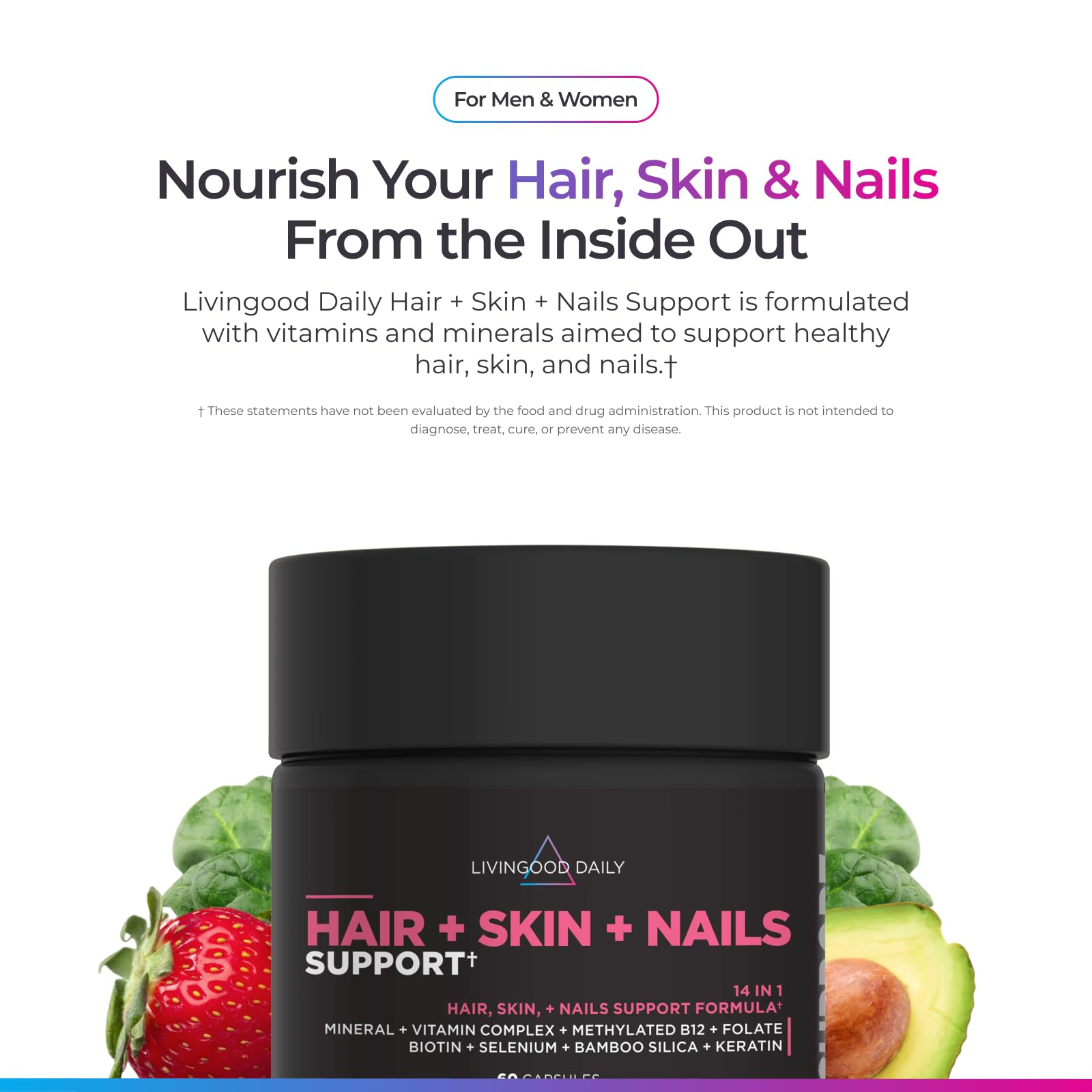 Livingood Daily Hair, Skin & Nails Supplement, 14-in-1 Formula with Biotin, Collagen, Keratin, Bamboo, Selenium, Folate, B12, Zinc and More, Beauty Supplement for Women & Men, Gluten Free, 60 Capsules Livingood DailyAu supplements