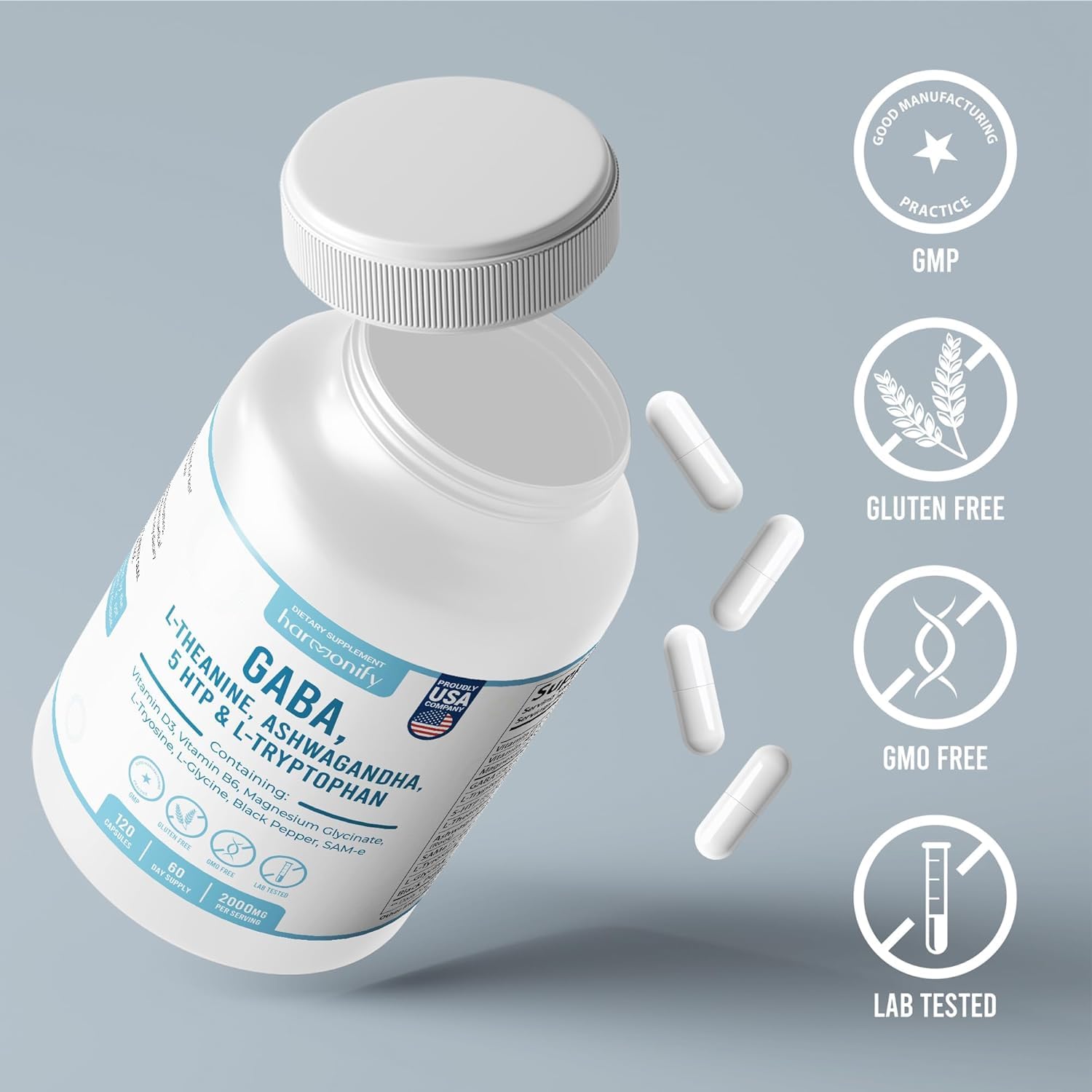 HARMONIFY GABA L-Theanine Supplements with Magnesium Glycinate, Ashwagandha, Same, 5-HTP and L-Tryptophan, 12 in 1 Supplements, 120 Capsules, 2000 mg HARMONIFYAu supplements