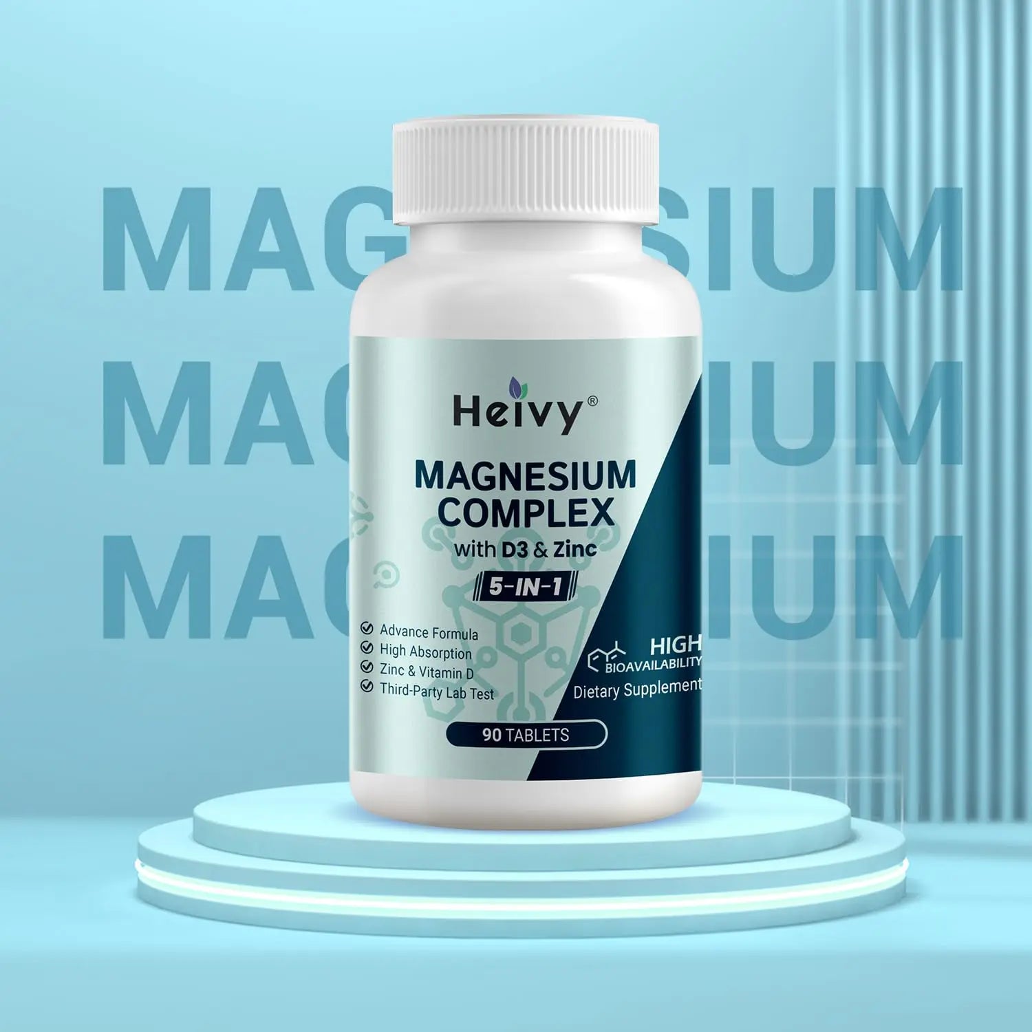 Heivy Magnesium Complex, Magnesium Glycinate, Citrate, Malate, Oxide, Gluconate with Zinc and Vitamin D3, Magnesium Supplement for Muscle, Nerve, Heart, Bone Support, High Absorption, 90 Tablets Heivynz supplements