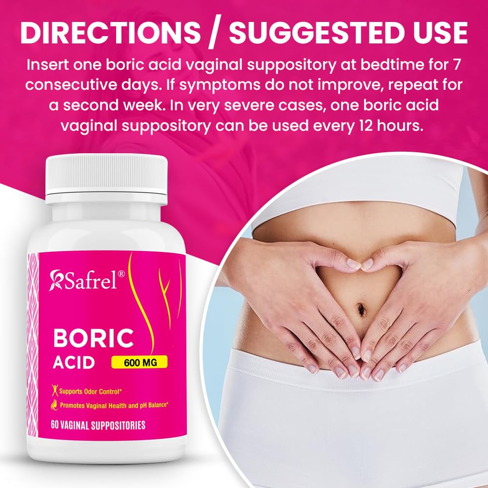 Safrel Boric Acid Vaginal Suppositories - 60 Count (1-Pack) – 100% Pure USA-Made, Supports Intimate SafrelAu supplements