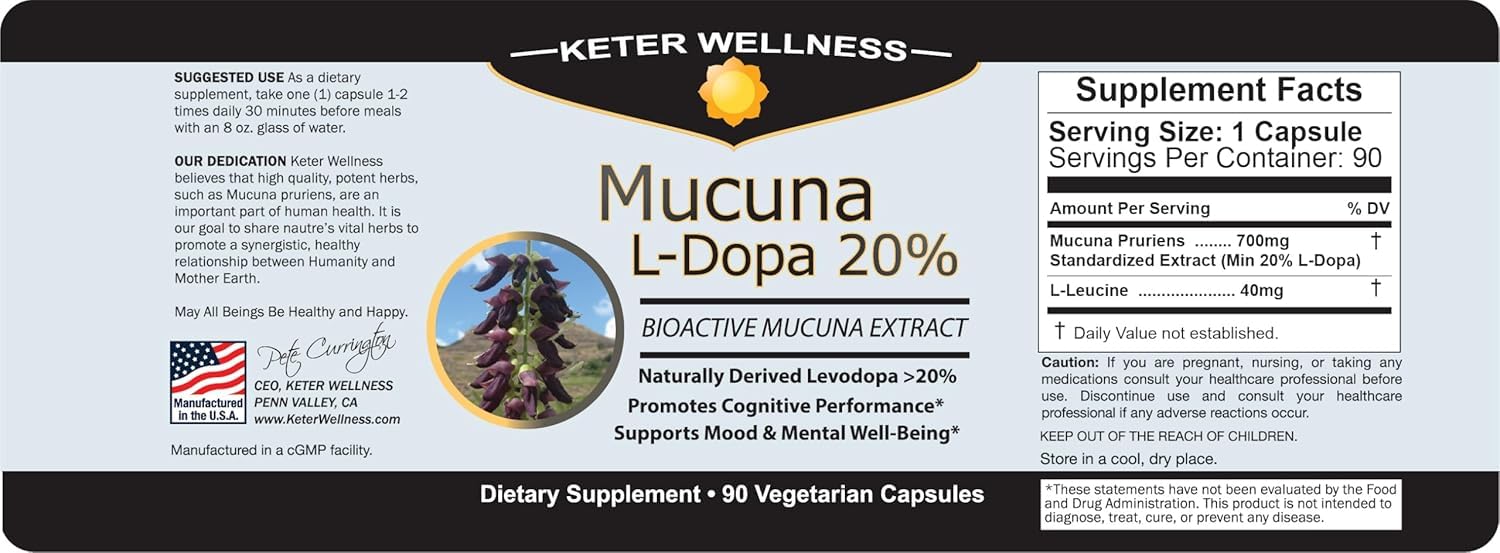 Mucuna Pruriens 20% L-Dopa – Standardized Velvet Bean Extract for Natural Dopamine, Focus & Mood Support – Pure 8:1 Concentrated Herbal Supplement – Vegan, Non-GMO, 90 Capsules Keter WellnessAu supplements