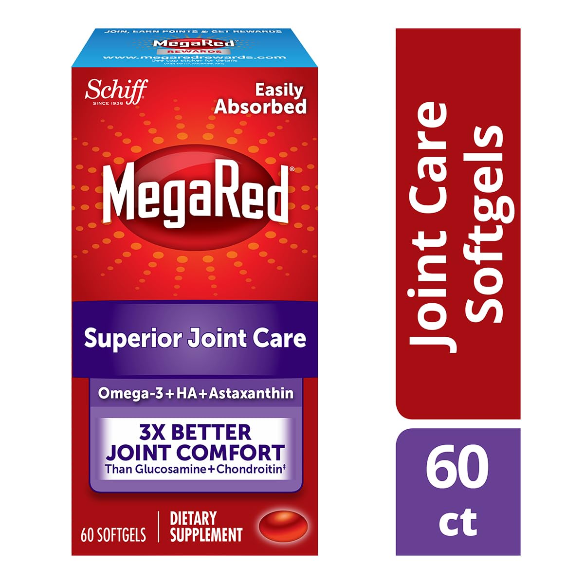 Omega-3 Krill Oil and Joint Supplement - Megared Joint Care 60 softgels - EPA/DHA fatty acids, Antioxidants, Hyaluronic acid, No fishy burp aftertaste as with Fish Oil MegaRedAu supplements