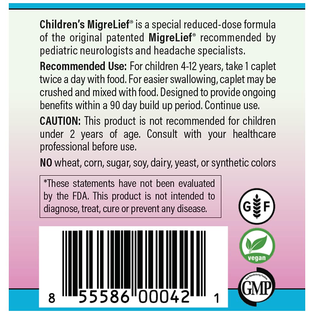 Children's MigreLief® - Triple Therapy with Puracol™ - Nutritional Support for Pediatric Migraine Sufferers - 60 Caplets/1 Month Supply MigreLiefAu supplements