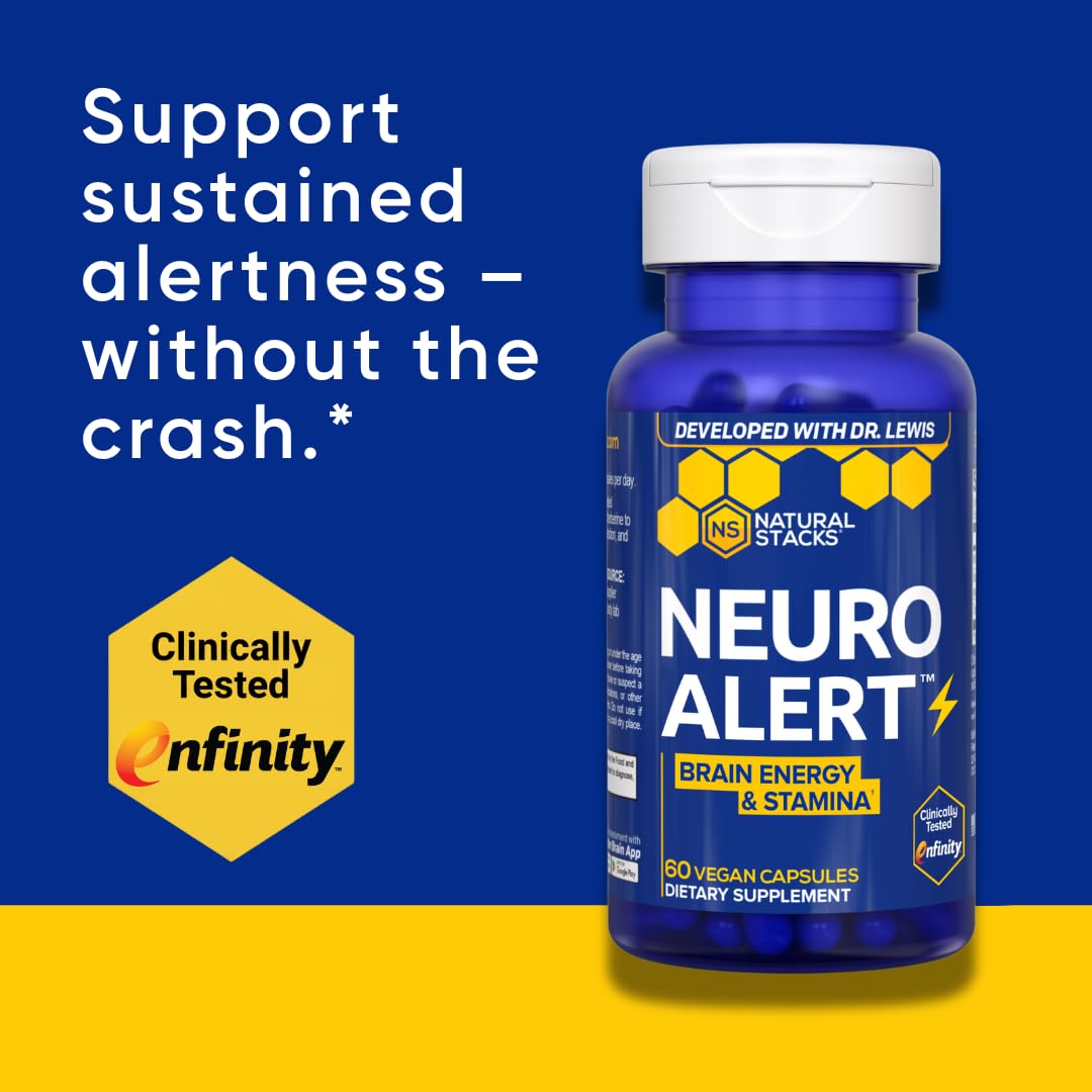 NATURAL STACKS NeuroAlert - 200mg Paraxanthine Energy Supplement - Caffeine Free Focus w/ 500mg L-Tyrosine & 100mg L-Theanine - 10mg NADH for Cellular Energy Support - 60 Paraxanthine Capsules NATURAL STACKSAu supplements