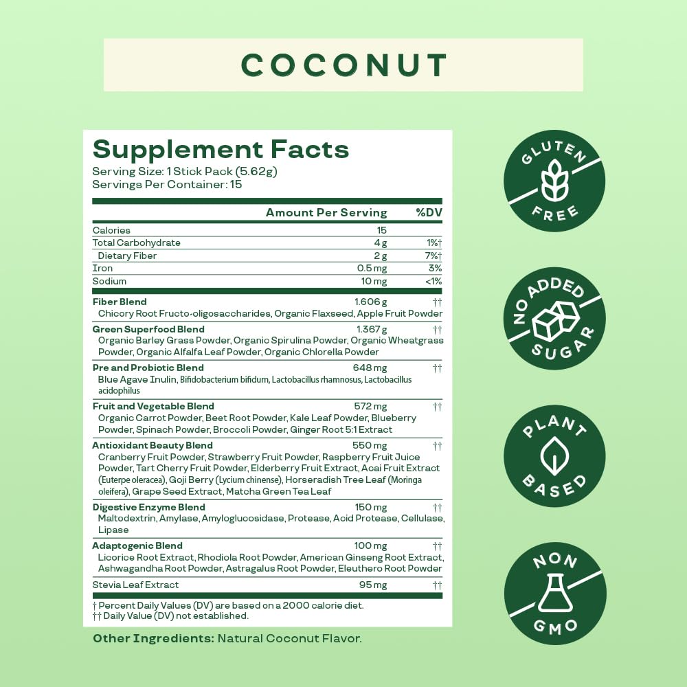 Bloom Nutrition Super Greens Powder Smoothie Mix, 15 Stick Packs - Probiotics Bloom NutritionUS supplements