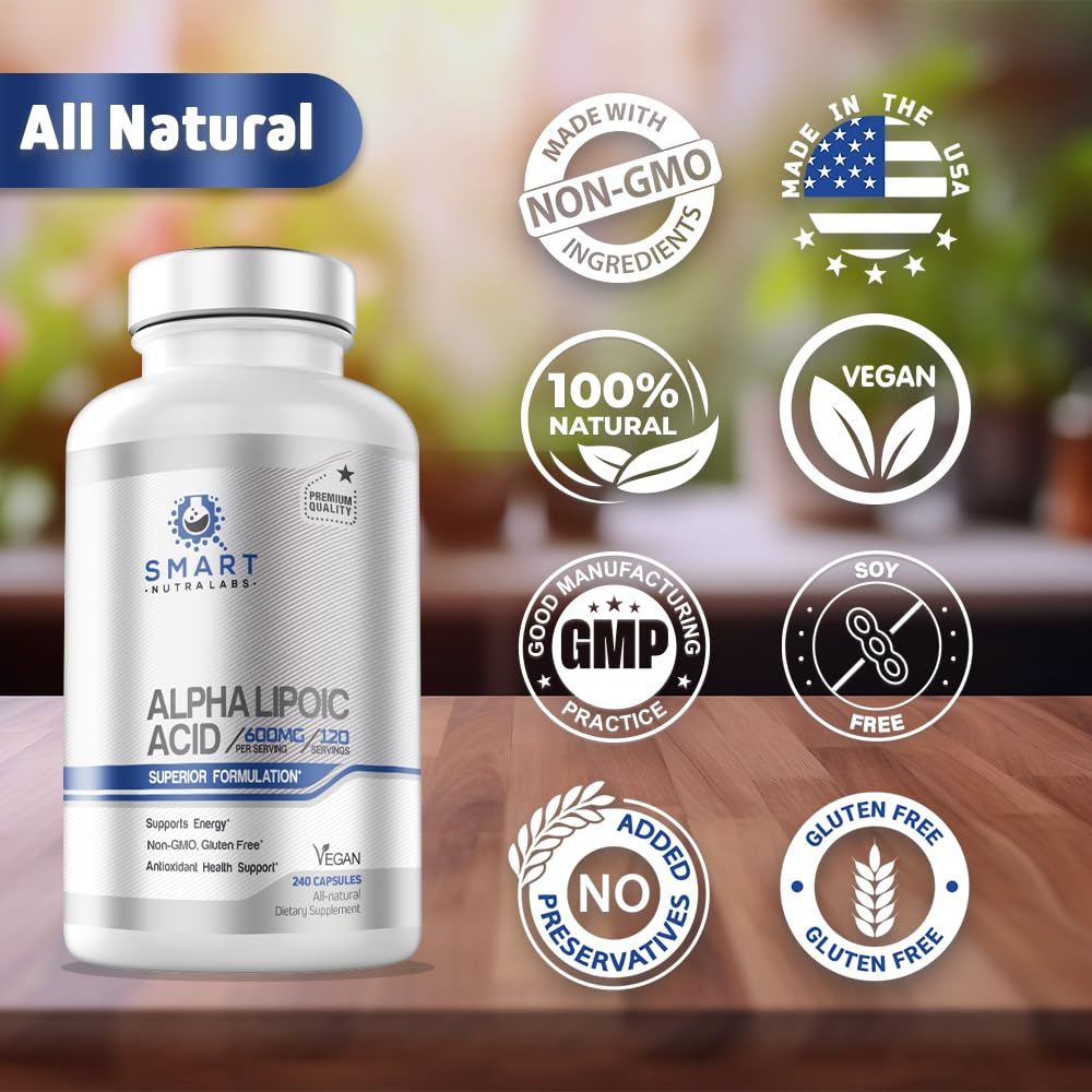 Alpha Lipoic Acid 600mg Per Serving, 240 Vegan Capsules- Gluten Free SMART NUTRA LABSUS supplements