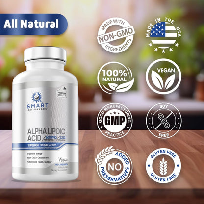 Alpha Lipoic Acid 600mg Per Serving, 240 Vegan Capsules- Gluten Free SMART NUTRA LABSUS supplements