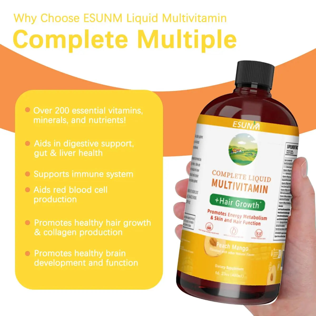 ESUNM Complete Liquid Multivitamin + Hair Growth, Promotes Energy Metabolism& Skin and Hair Function| Vitamin C D | B Vitamins | ESUNMAu supplements