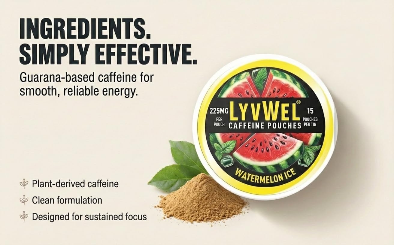 LyvWel 225mg Caffeine Energy Pouches | Nootropic Focus & Neuro Support | Tobacco-Free, Nicotine-Free, Quick Energy Solution | 3-Pack: 45 Pouches (3 Pack, Watermelon Ice, Pink Lemonade, Wintergreen) LyvWelAu supplements