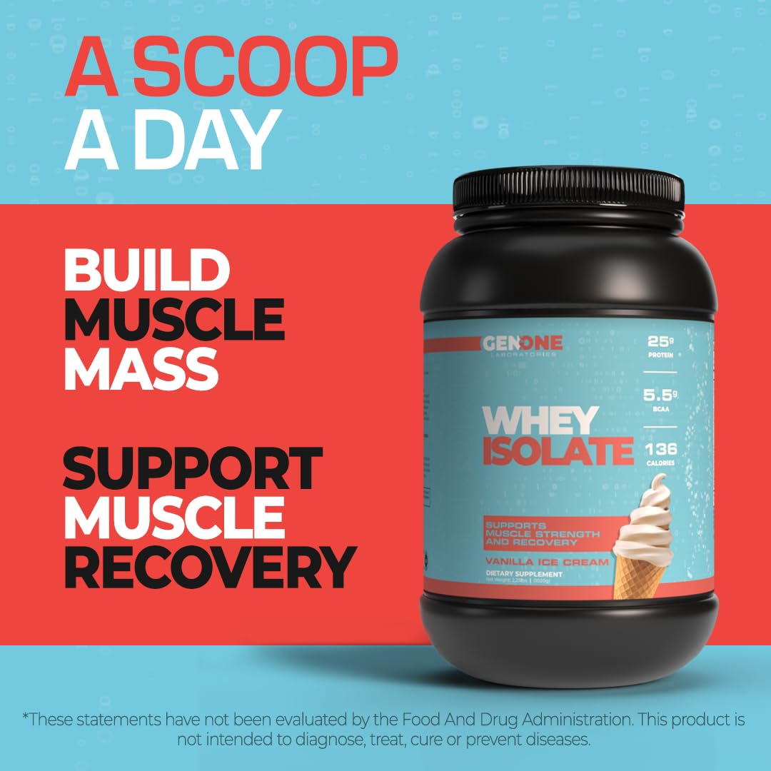 GenOne Whey Protein Powder Isolate, 25g Protein and 5.5g BCAAs per Serving, Vanilla Ice GENONE LABORATORIESUS supplements