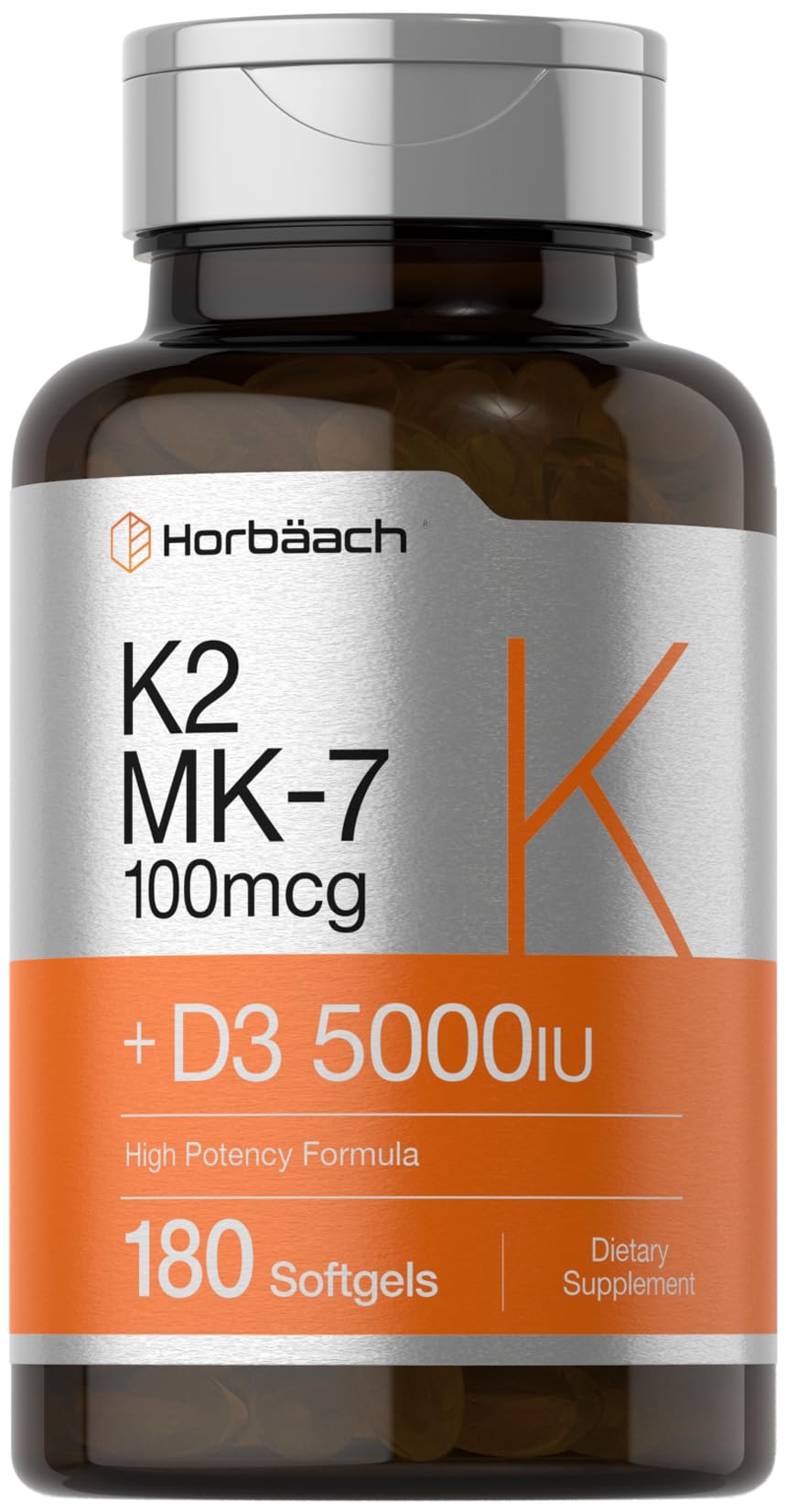 Horbäach Vitamin D3 K2 | 5000iu of Vitamin D & 100mcg MK-7 Complex | 180 Softgel Cap HorbäachUS supplements