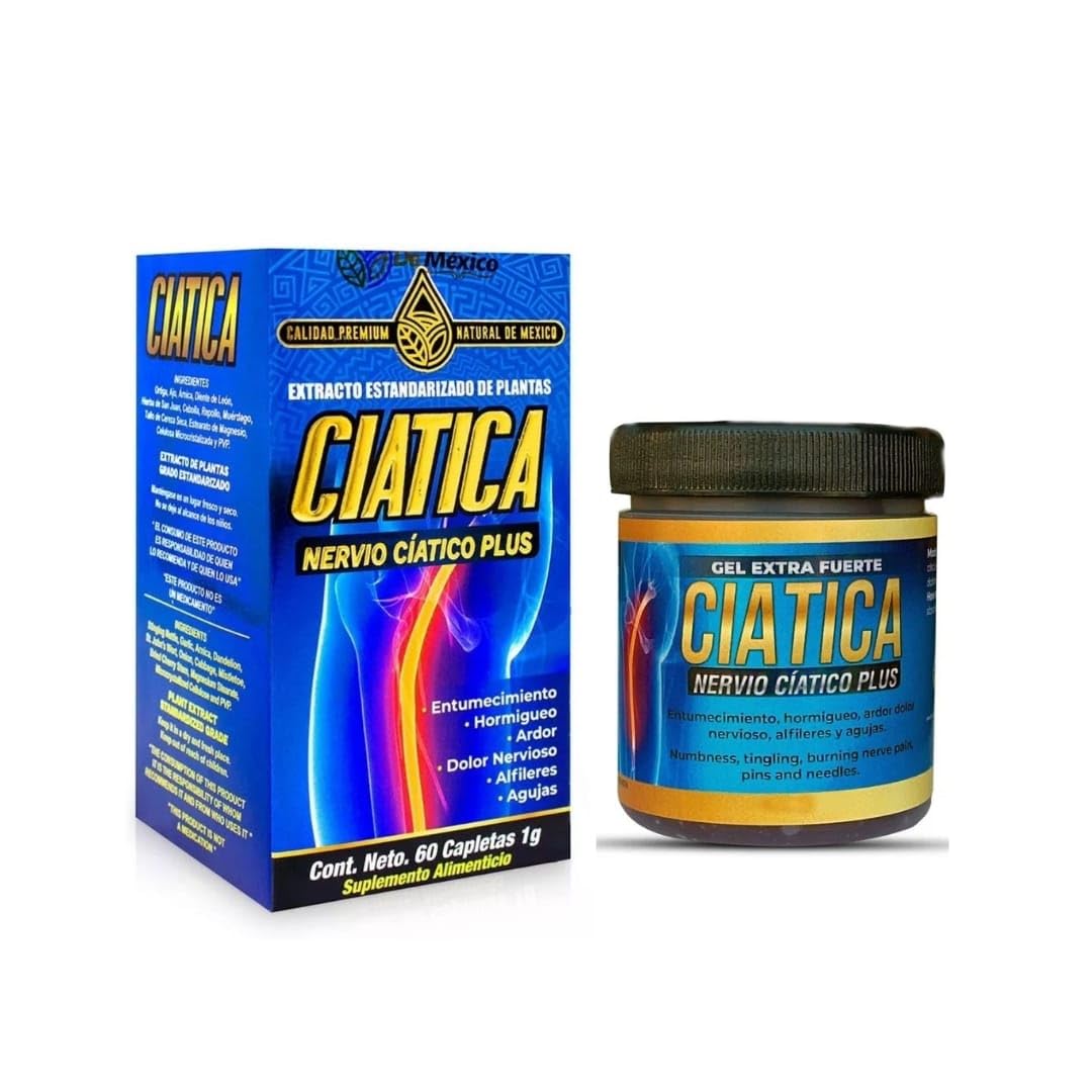 Set con Suplemento Ciatico Tratamiento Nervio Plus 60 Capsulas + Gel Extra Fuerte Ciatica 250 grs. Natural de Mexico/Entumecimiento, Hormigueo, Ardor, Dolor Nervioso, Alfileres o Agujas. (2) GenericAu supplements