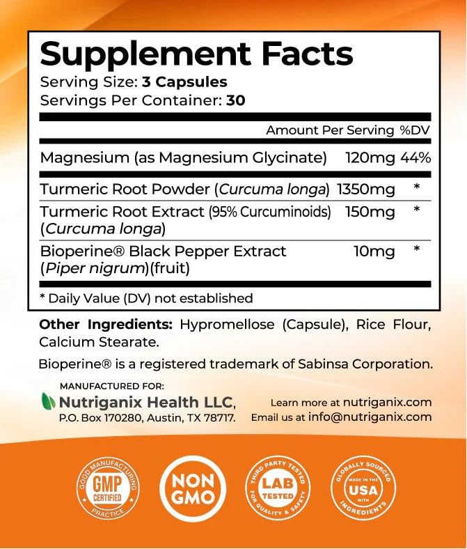 Turmeric Tranquility Turmeric Curcumin & Magnesium Glycinate with BioPerine – Support for Stress Relief, Sleep, Heart Health, Muscles, Metabolism, and Joint Health* - High Absorption - 90 Capsules (1) NutriganixAu supplements