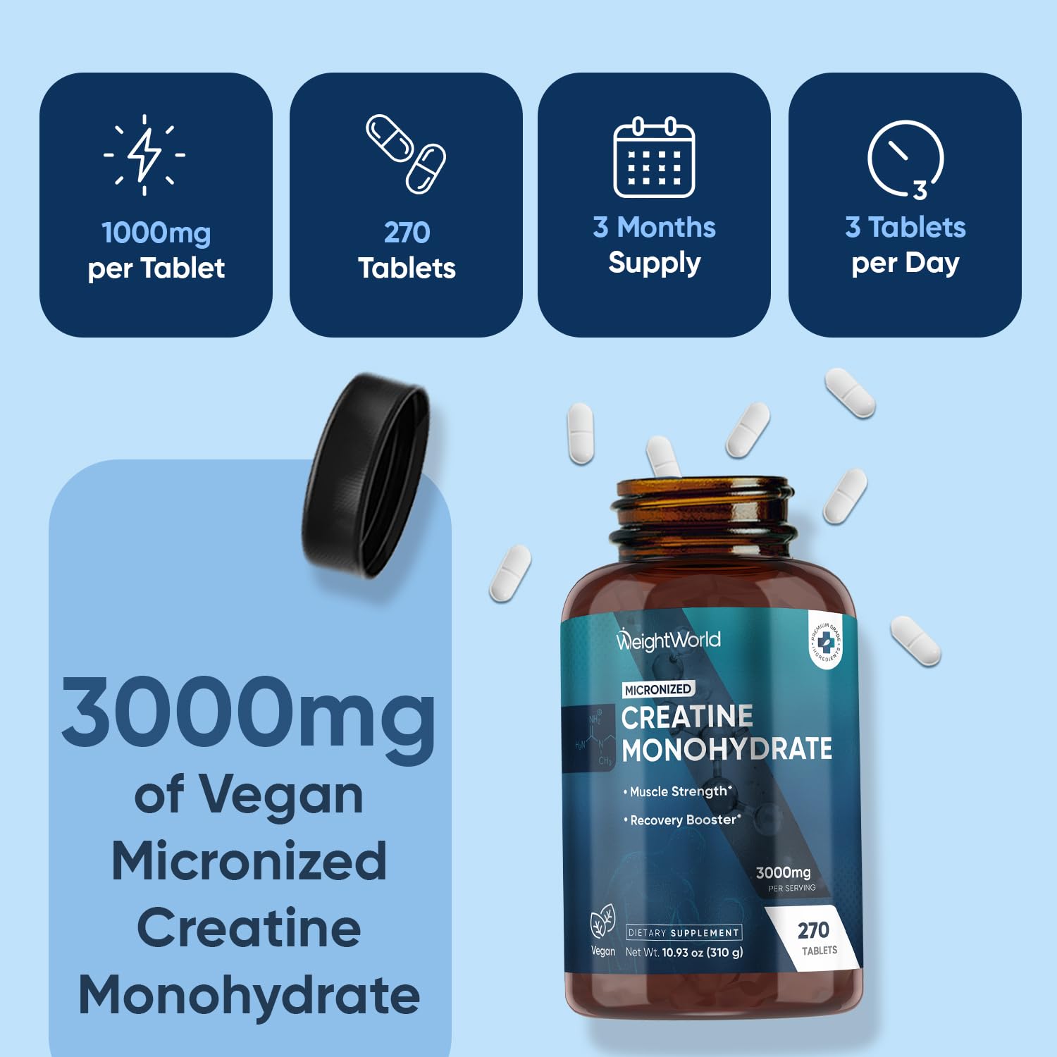 WeightWorld Micronized Creatine Monohydrate 3000mg Vegan Tablets | Muscle Strength & Recovery Booster | 3 Months Supply - 270 Tabs | Creatine for Women & Men | Non-GMO, Gluten-Free | 3 Tablets a Day WeightWorldAu supplements