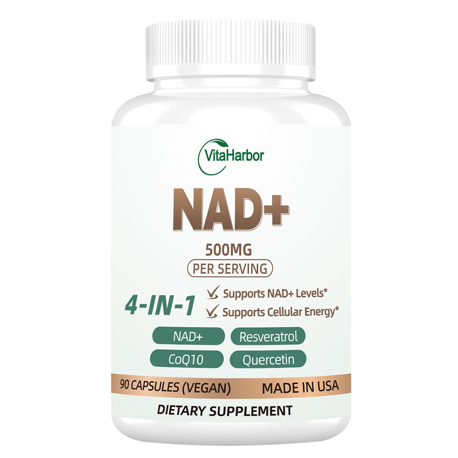 NAD Supplement 500mg, Pure Organic NAD+ Supplement for Women & Men, NAD+ with Trans-Resveratrol & CoQ10 & Quercetin for Cellular Energy & Healthy Aging, NMN Alternative (90 Vegan Caps) VitaHarborAu supplements